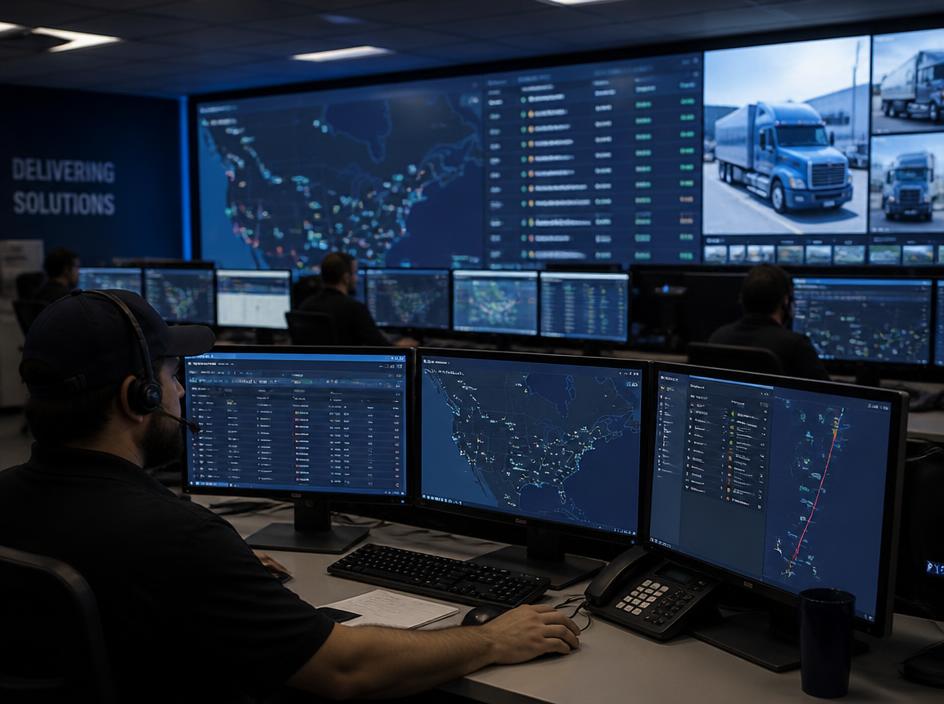 Logistics dispatch control room with multiple screens