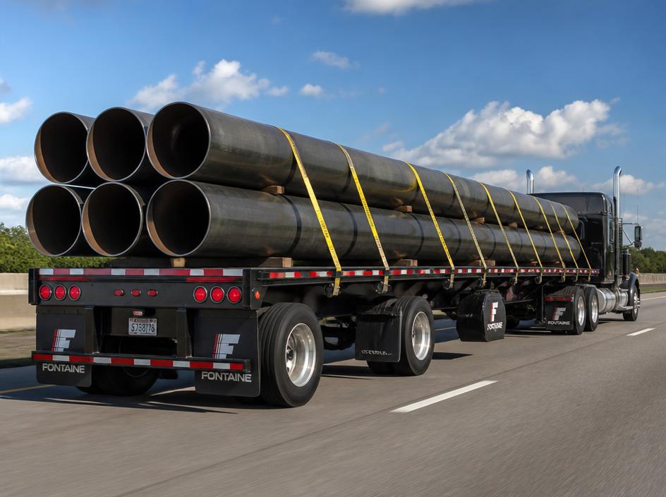 Flatbed truck carrying large steel pipes