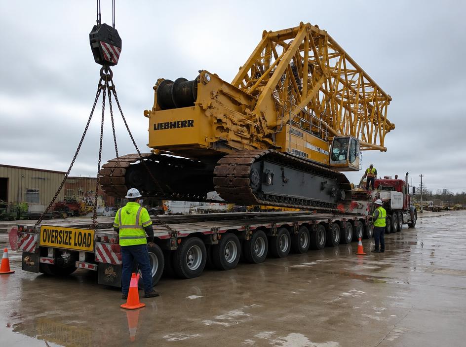 Large crane being loaded onto a heavy haul truck
